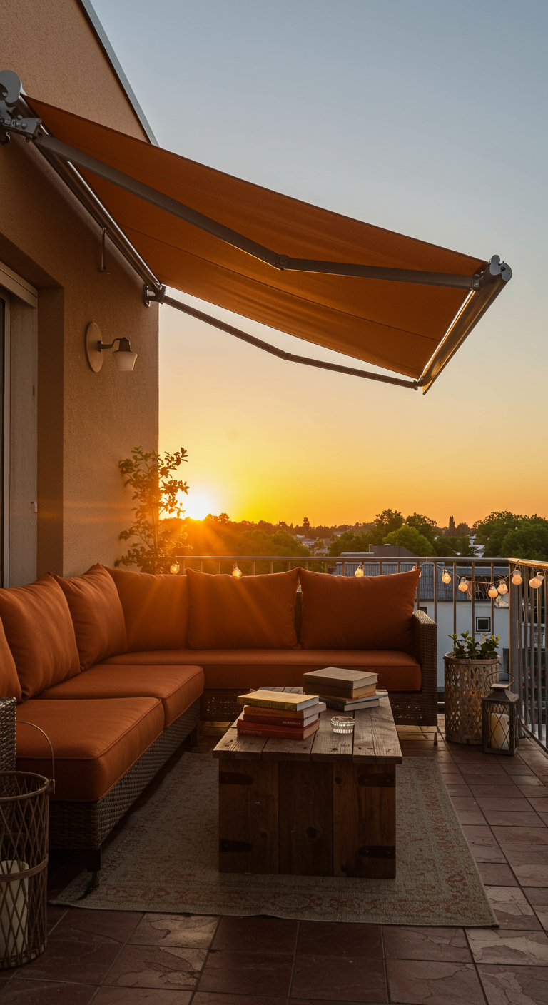 Großer Balkon mit Rattan-Lounge, Holztisch und Markise im Sonnenuntergangslicht.