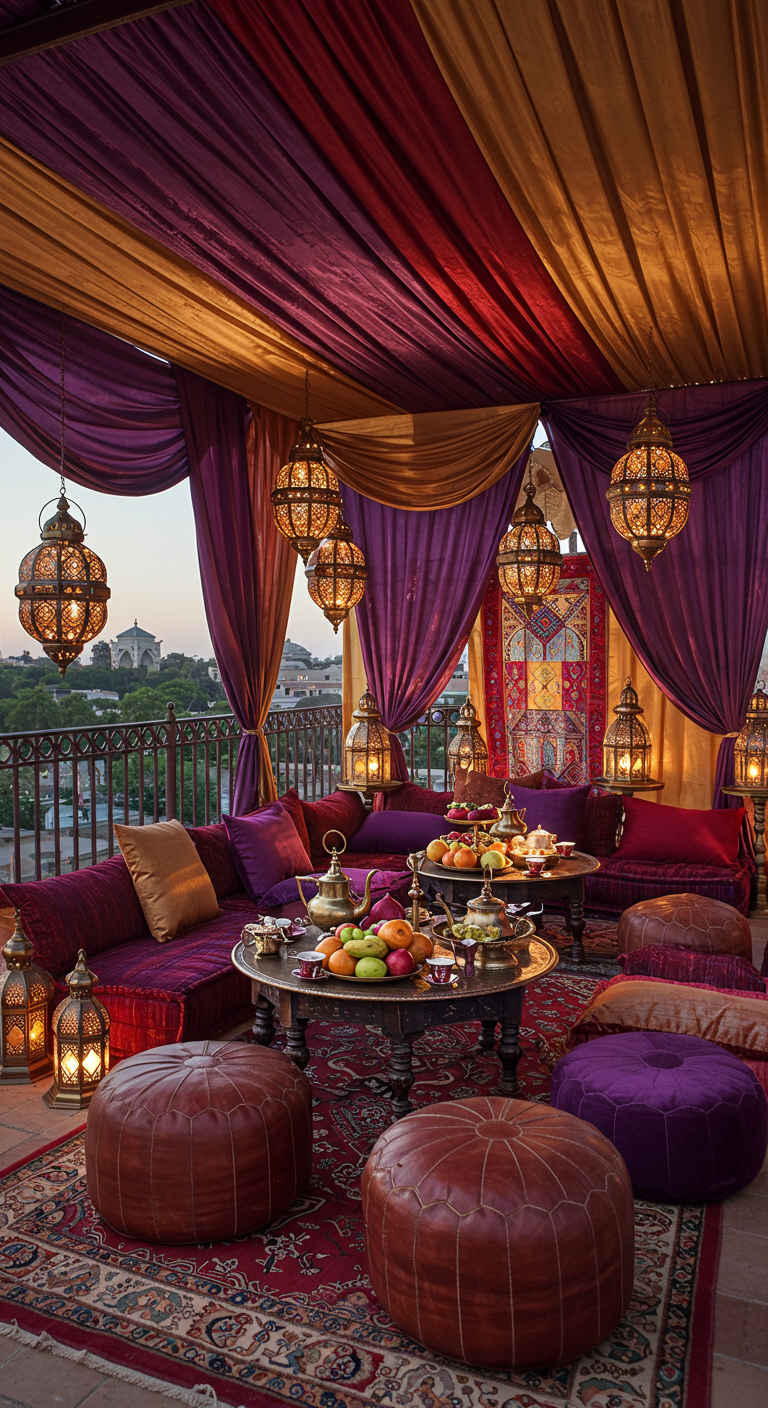 Opulent dekorierter Balkon im marokkanischen Stil mit vielen Laternen und bunten Stoffen bei Sonnenuntergang.