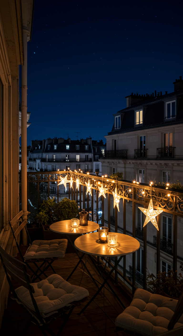 Pariser Balkon bei Nacht mit zwei runden Bistro-Tischen, Sternen-Lichterkette und Kerzen.