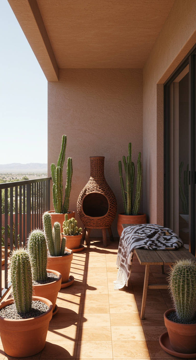 Sonniger Balkon mit Kakteen in Terrakotta-Töpfen und einem Chimenea-Ofen aus Ton.