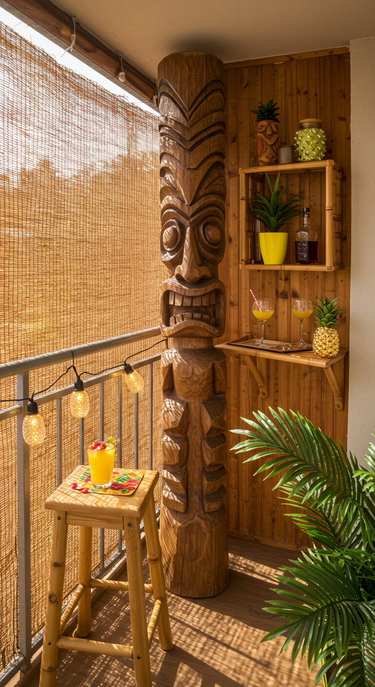 Balkon mit großer Tiki-Totemfigur, Bambusrollo und kleiner Bar-Ecke.