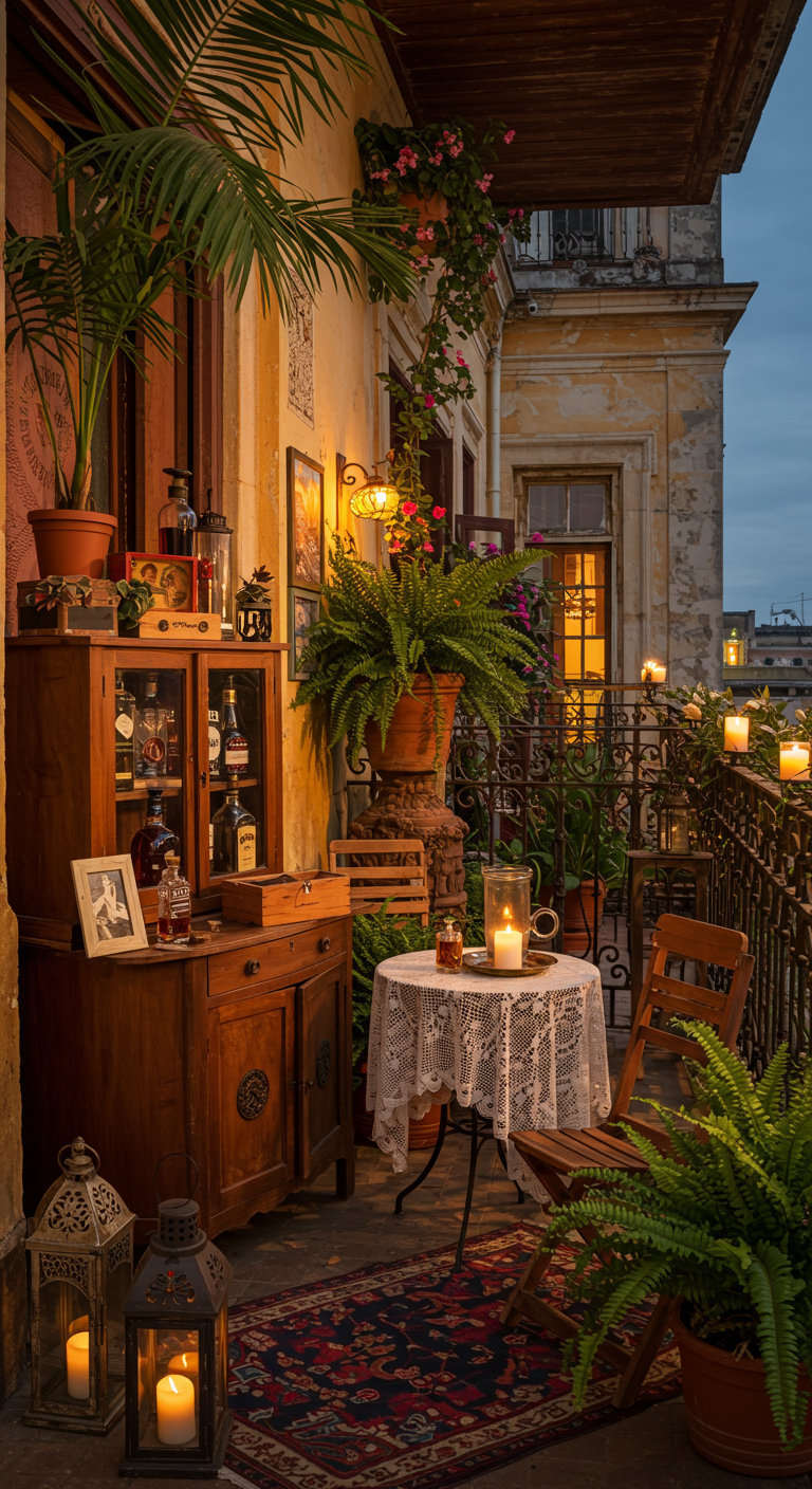 Vintage-Balkonbar mit altem Schrank, Klappstühlen, Orientteppich, vielen Pflanzen und Kerzenlicht.