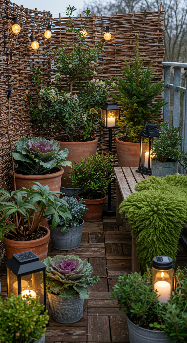 Grün bepflanzter Balkon mit Weidensichtschutz, Holzbank, Laternen und winterharten Pflanzen.