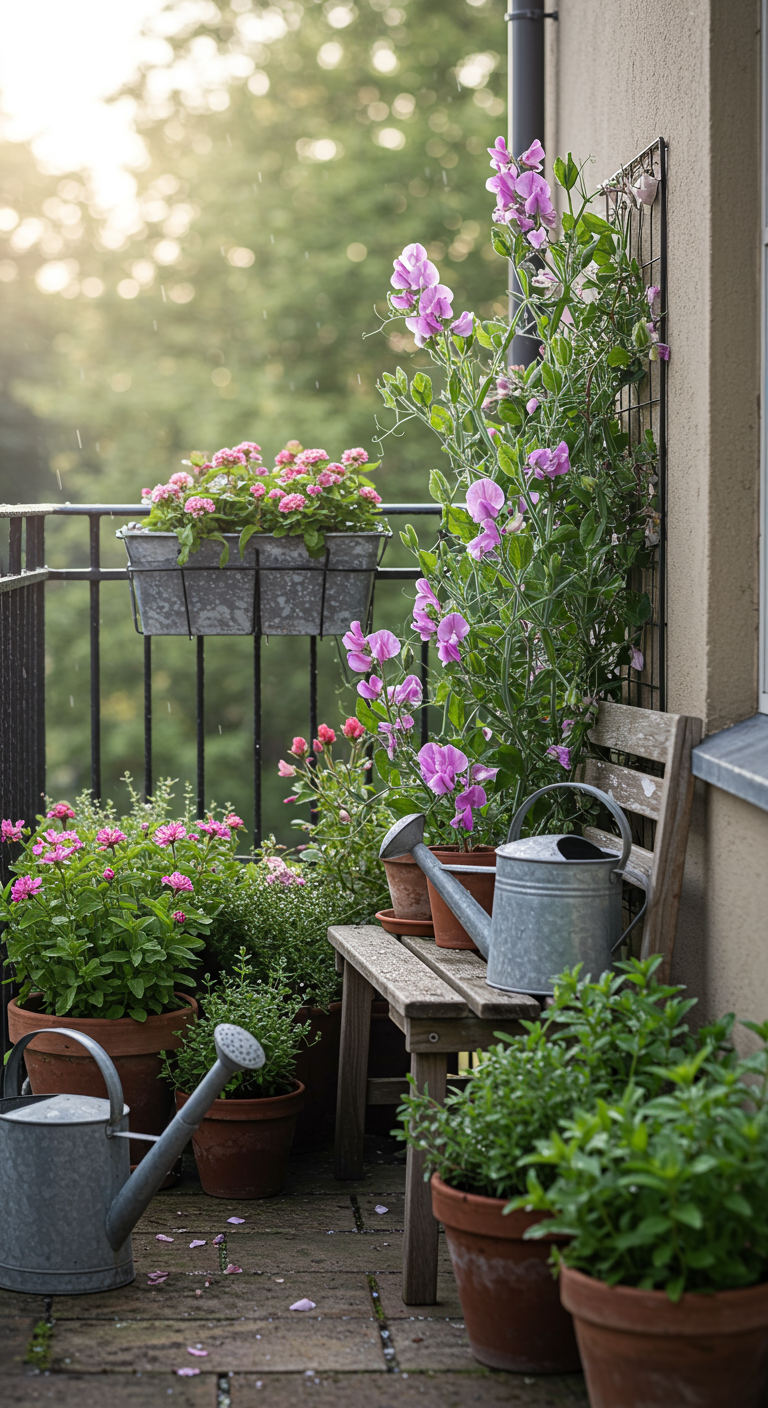 Balkon im Landhausstil mit rosa Blüten, Holzbank und Zinkgießkanne.