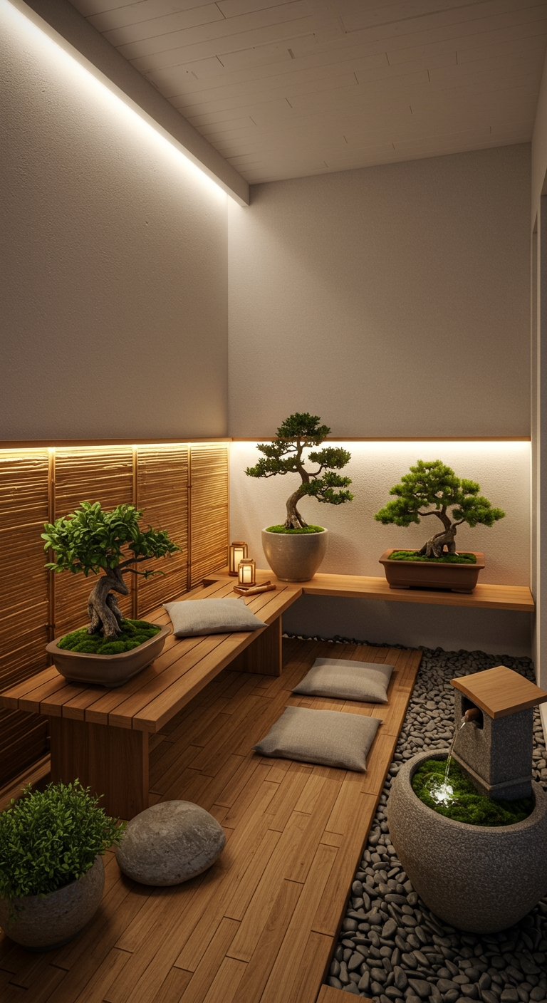Eckbalkon im japanischen Zen-Stil mit Bonsais, Holzbänken und Wasserspiel.