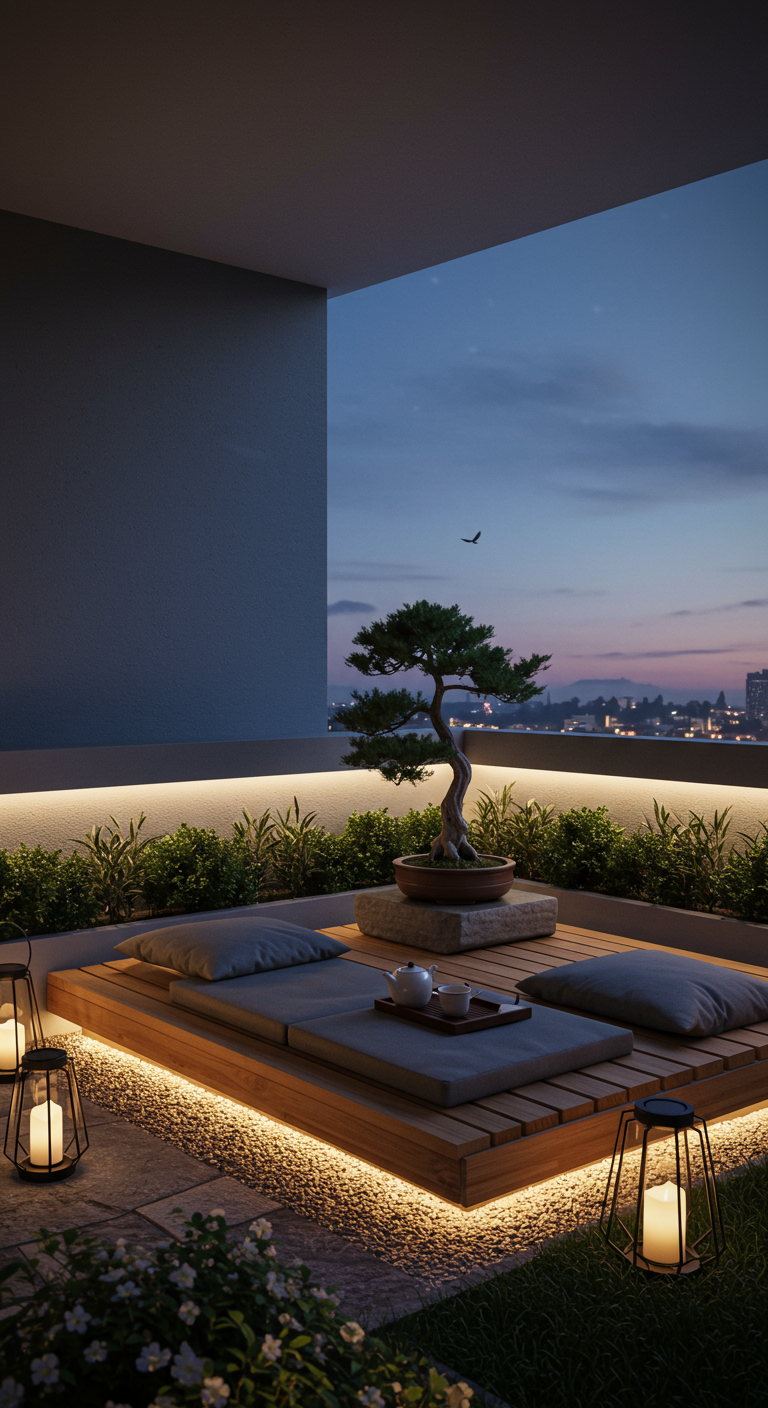 Moderner Balkon im Zen-Stil mit Holzpodest, Bonsai und indirekter Beleuchtung bei Nacht.