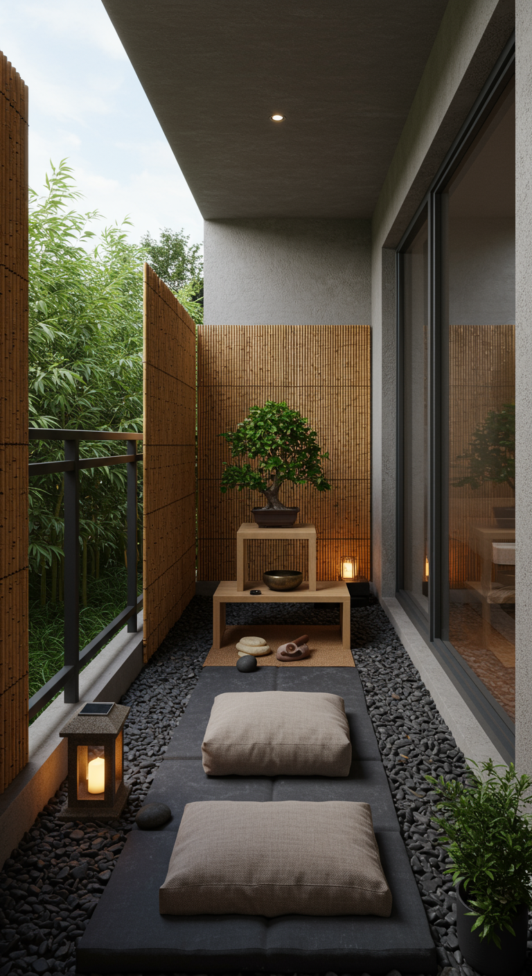 Schmaler Balkon im japanischen Stil mit Bambus, Kieselsteinen, Bonsai und Sitzkissen.