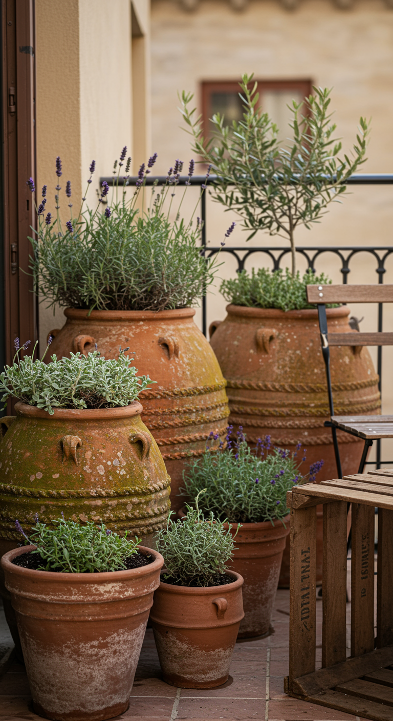 Gruppe von alten Terrakotta-Amphoren mit Lavendel und Olivenzweigen bepflanzt.