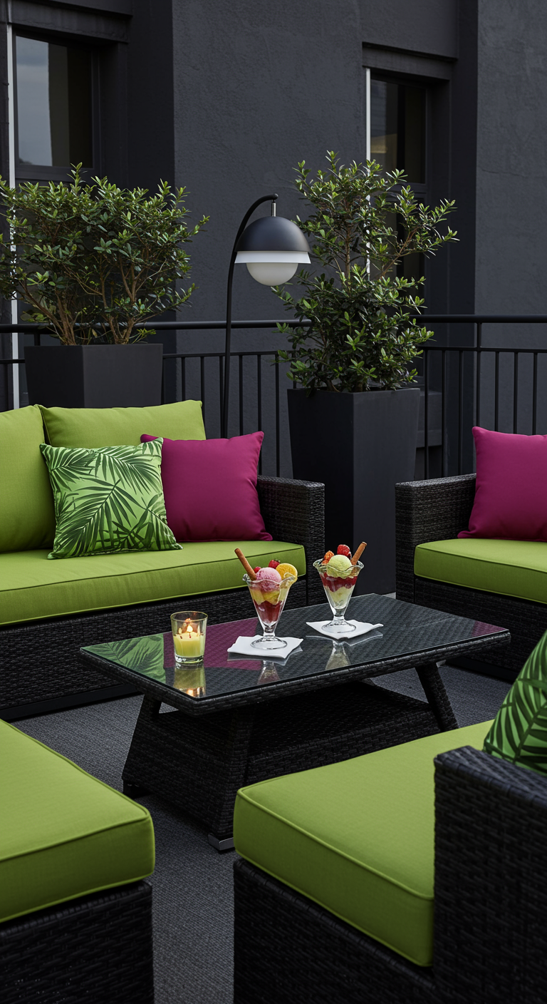 Moderner Balkon mit dunklen Rattanmöbeln, grünen Polstern und pinken Akzenten.