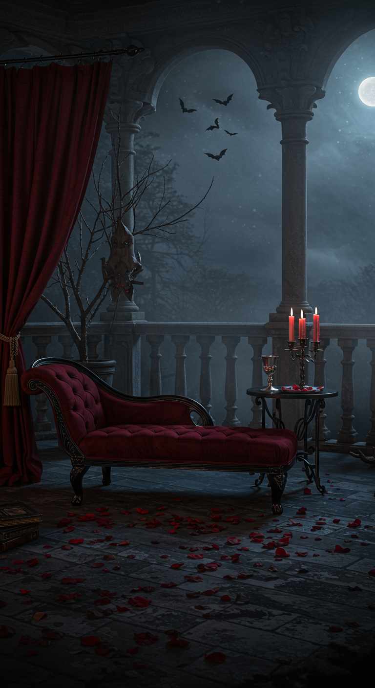 Opulente Vampir-Szene auf Balkon mit roter Chaiselongue, Kerzen und Fledermäusen bei Mondschein.