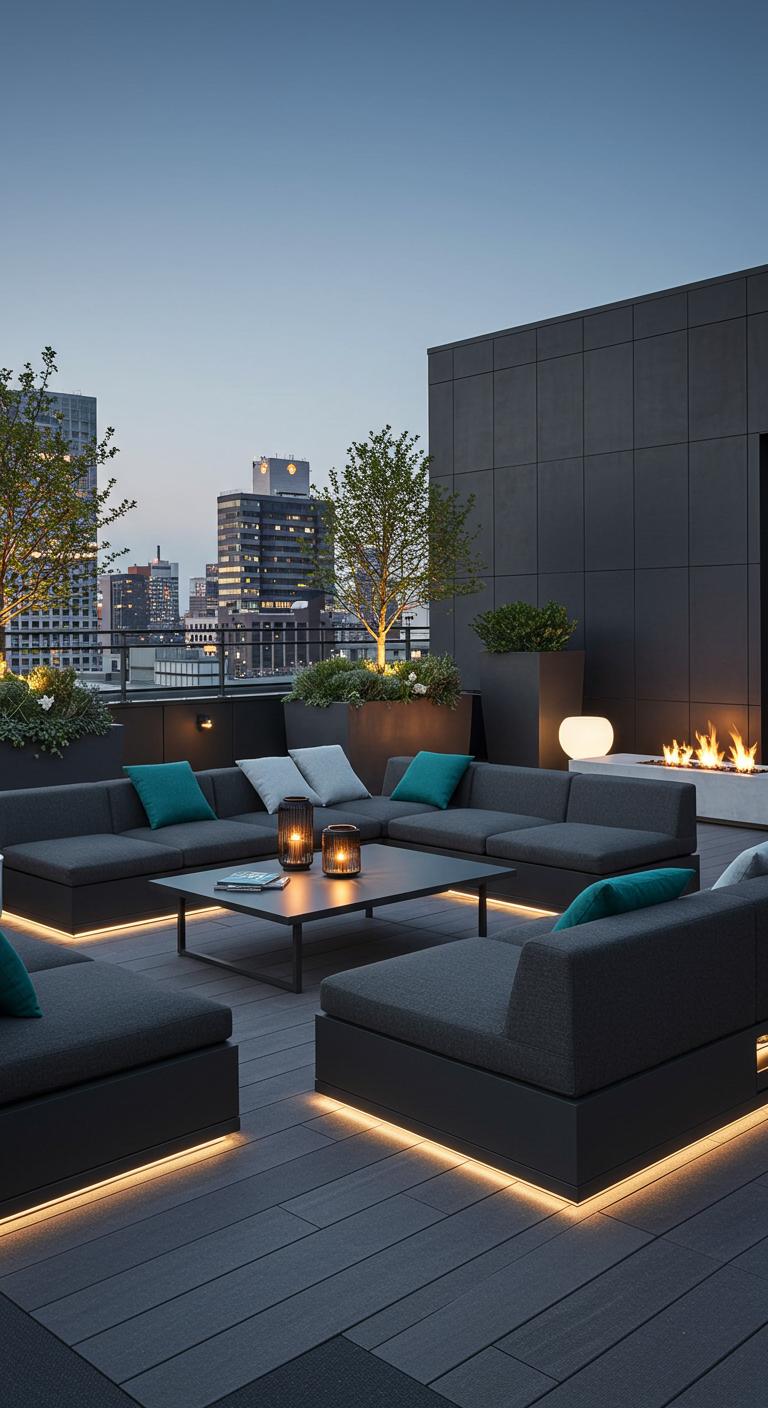 Moderne Dachterrasse mit dunklen Loungemöbeln, die versteckten Stauraum unter den Sitzen haben.