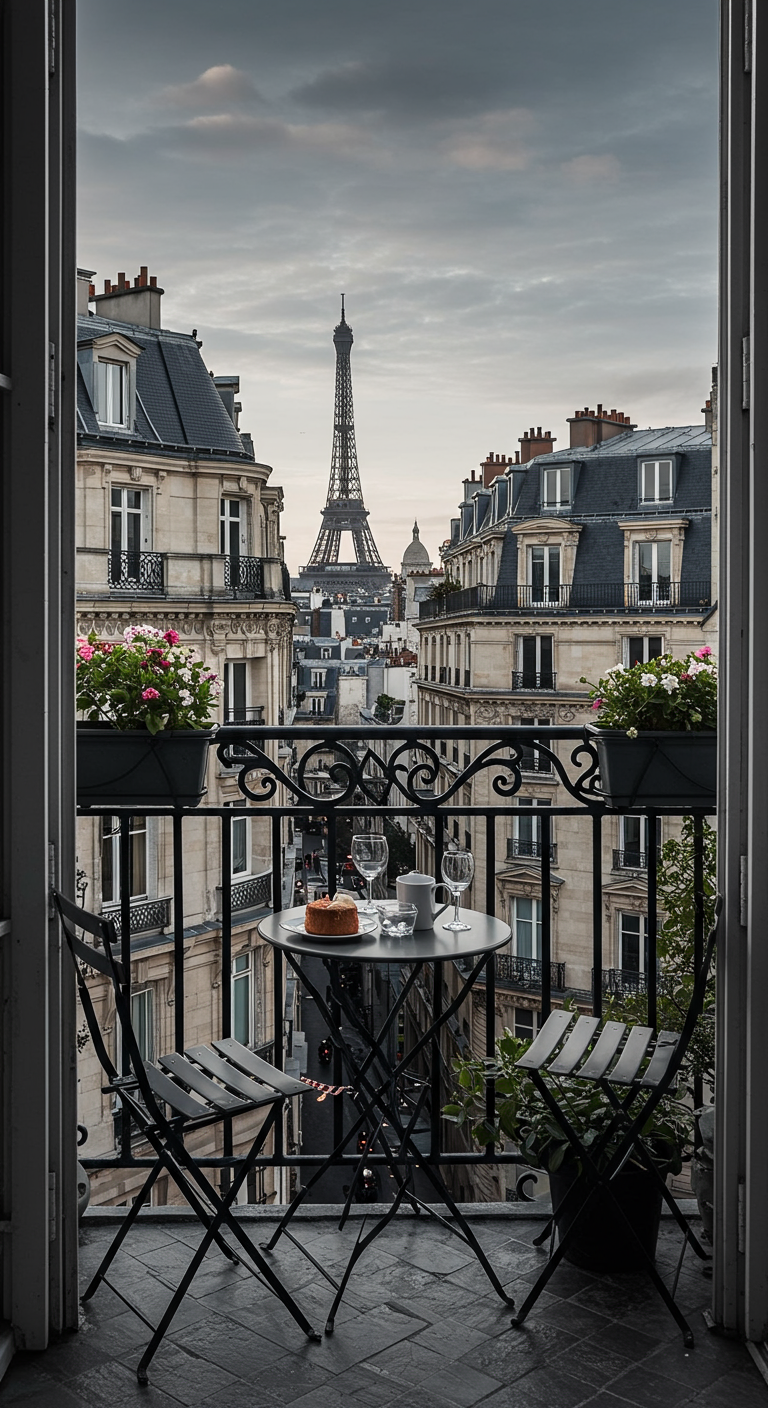 Balkon mit schwarzem Bistro-Set und Blick auf den Eiffelturm in Paris.