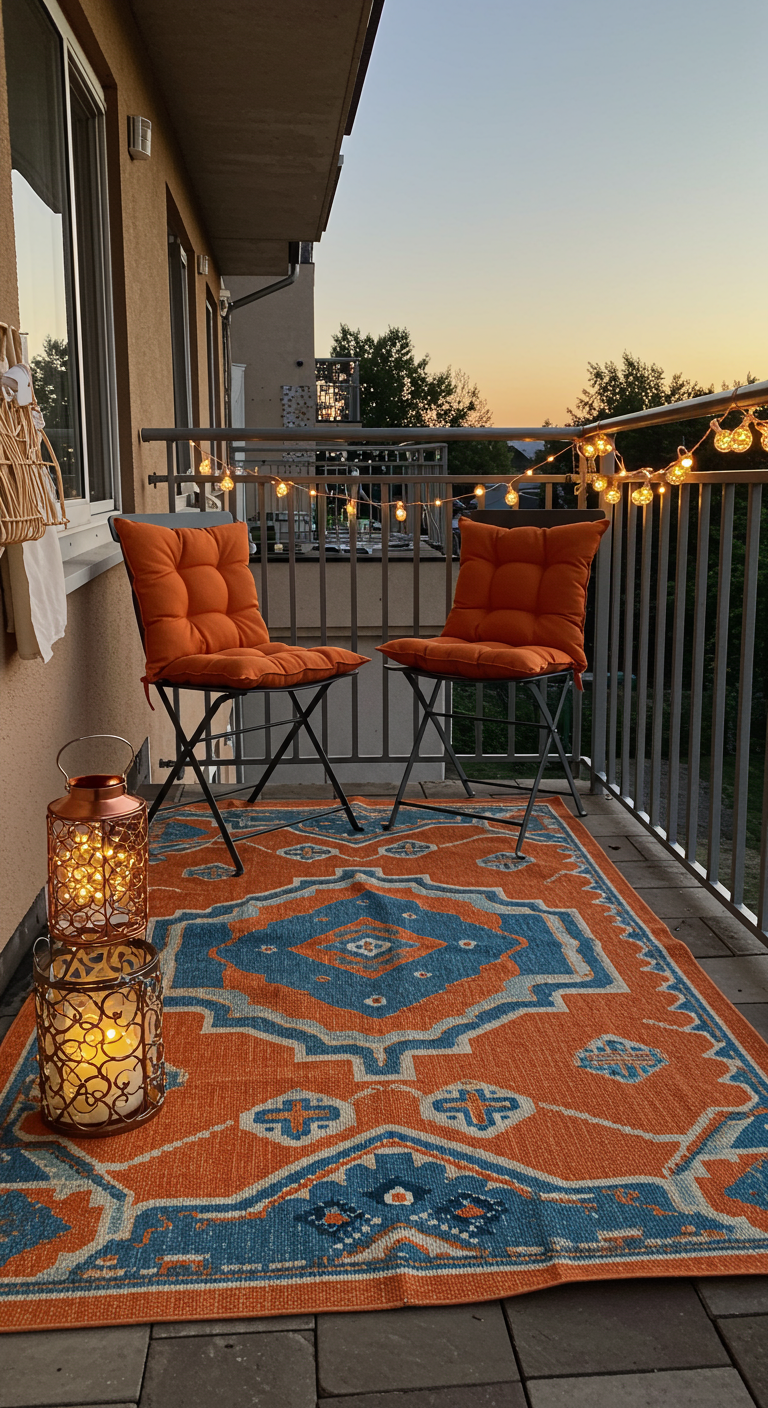 Balkon mit buntem Ethno-Teppich, Klappstühlen mit orangen Polstern und Laternen bei Sonnenuntergang.