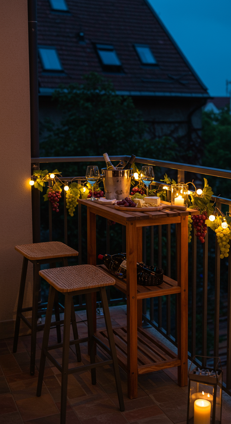 Balkon-Bartisch mit Hockern, Weinkühler und Lichterkette bei Nacht.
