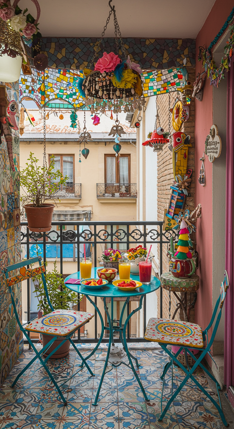 Buntes, mexikanisch inspiriertes Frühstück auf einem Balkon mit Mosaikfliesen und farbenfroher Deko.