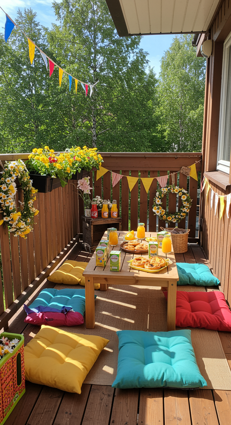 Sonniger Balkon mit niedrigem Tisch, bunten Bodenkissen, Wimpeln und Gänseblümchenkränzen.