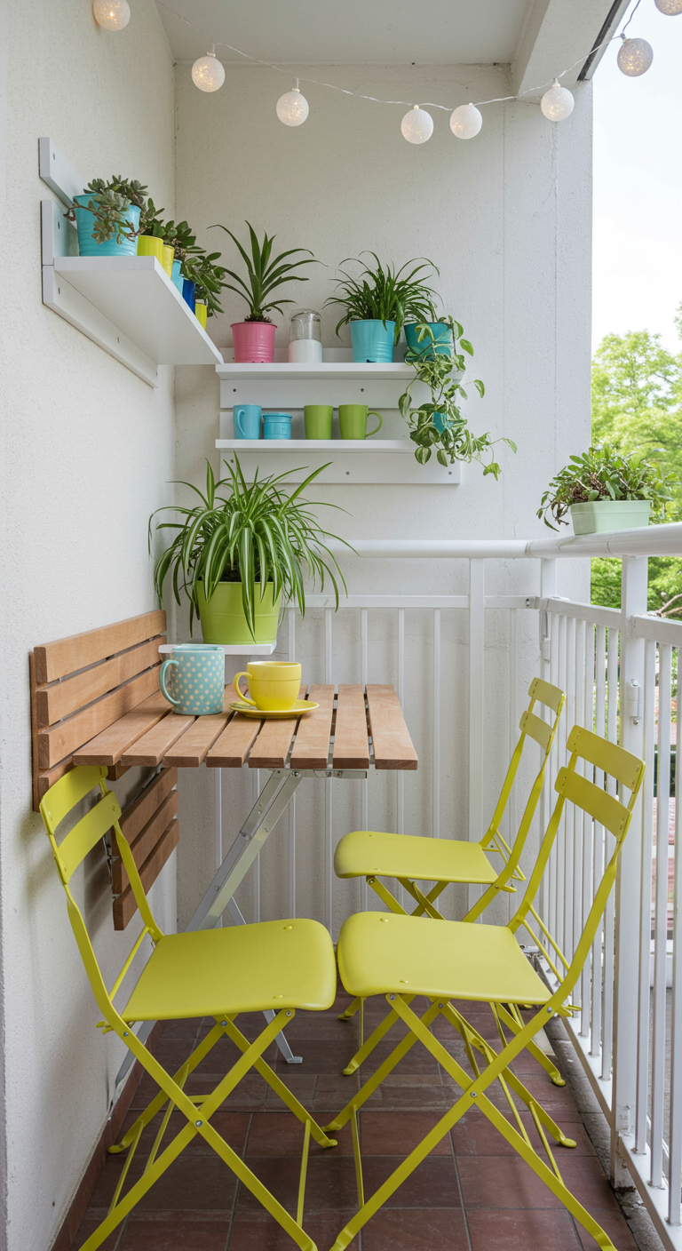 Nordbalkon mit Klapptisch, bunten Stühlen und farbenfrohen Blumentöpfen an der Wand.