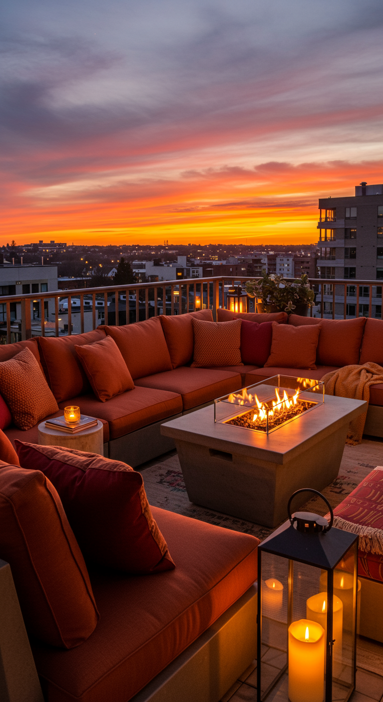 Dachterrasse mit großer oranger Ecklounge, Feuertisch und Laternen bei Sonnenuntergang.