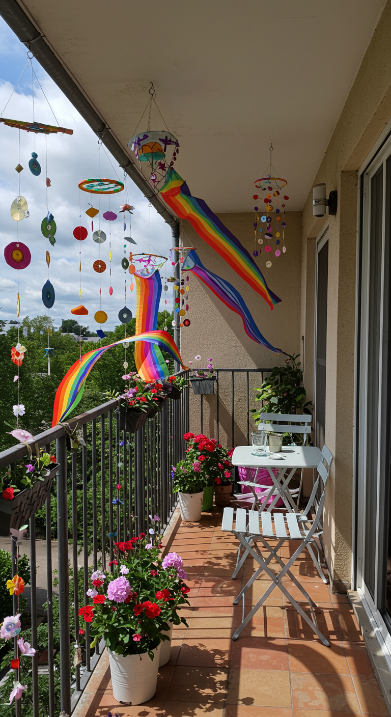 Balkon mit bunten Windspielen, Mobiles und einem Regenbogen-Drachenschwanz am Geländer.