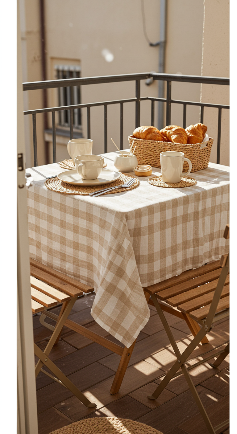 Balkontisch mit Leinen-Tischdecke, Korb mit Croissants und Holzstühlen.