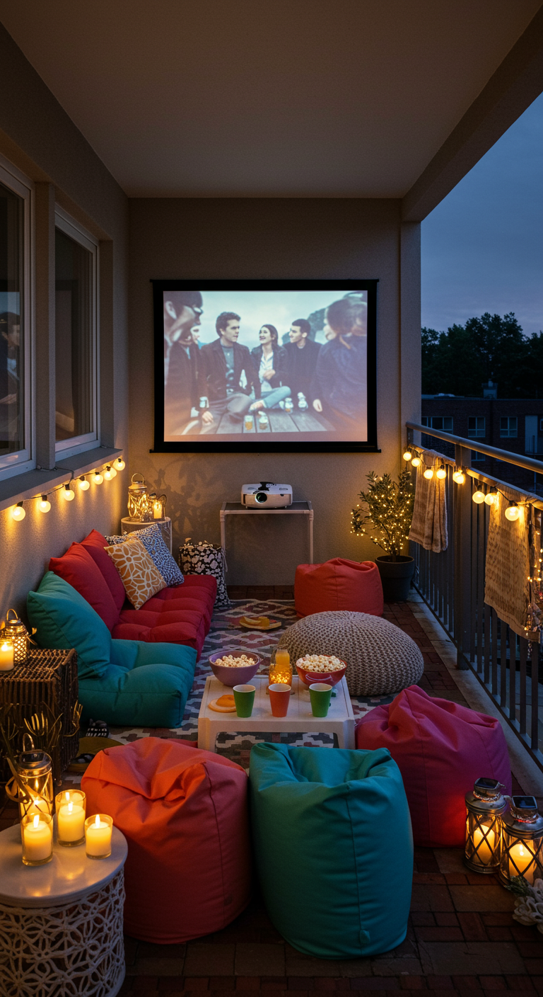 Balkon-Kino bei Nacht mit Beamer, Leinwand, Sitzsäcken und Lichterketten.
