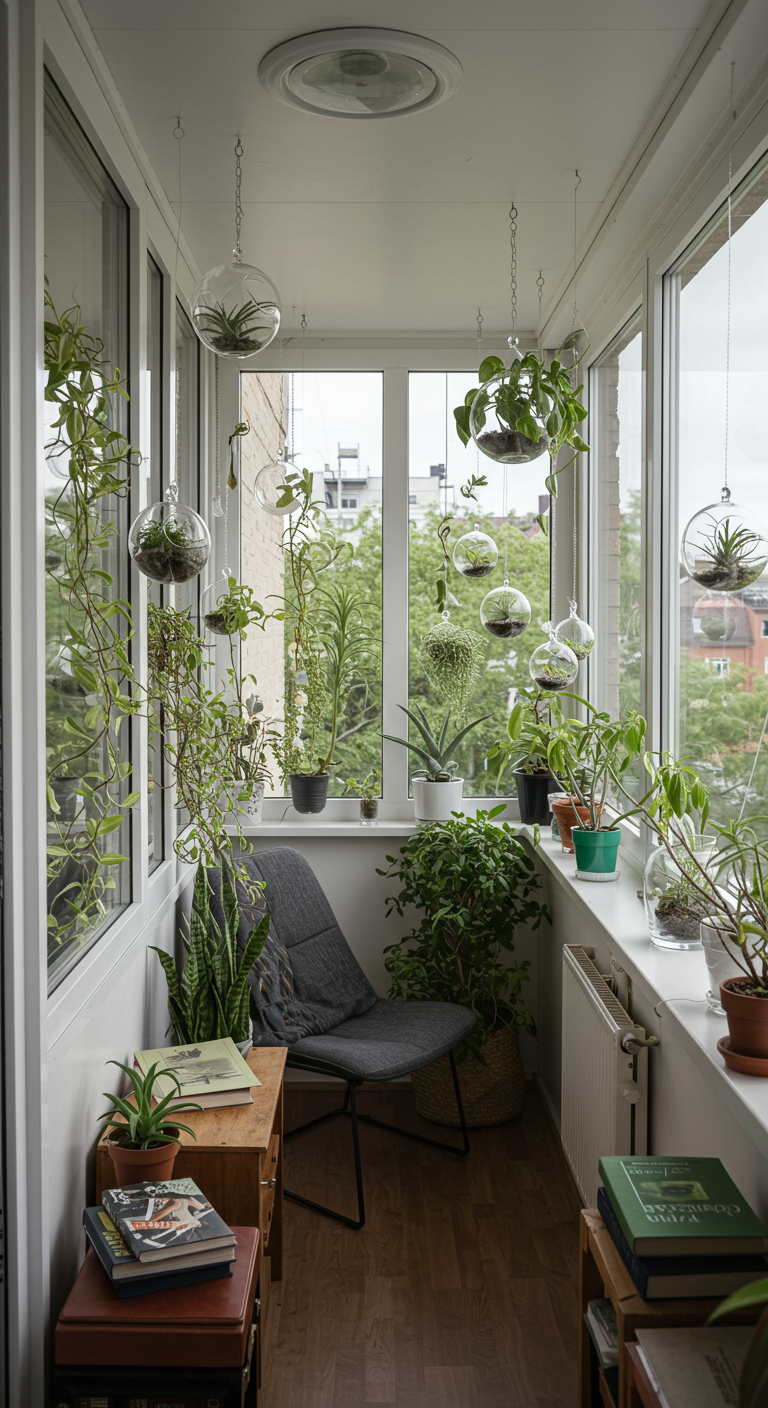 Geschlossener Balkon mit vielen Hängepflanzen in Glaskugeln und Töpfen.