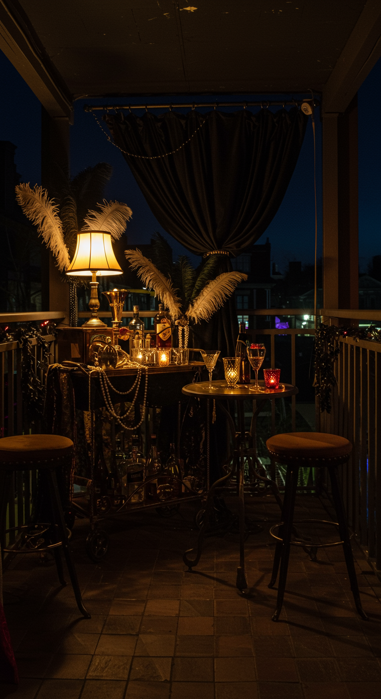 Balkon im Stil der 1920er Jahre mit Federn, Perlen, Goldakzenten und gedämpftem Licht.