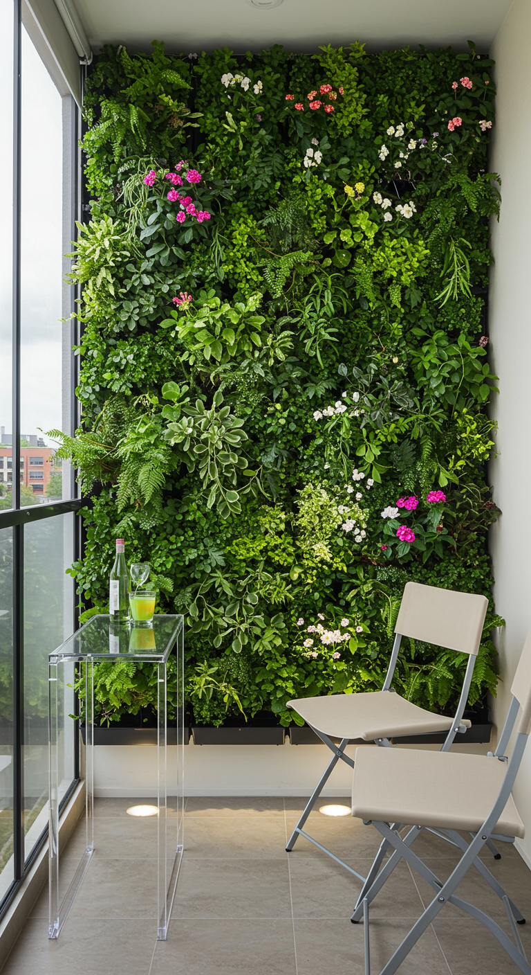 Große vertikale Pflanzenwand auf einem Balkon mit transparentem Tisch und Klappstühlen.