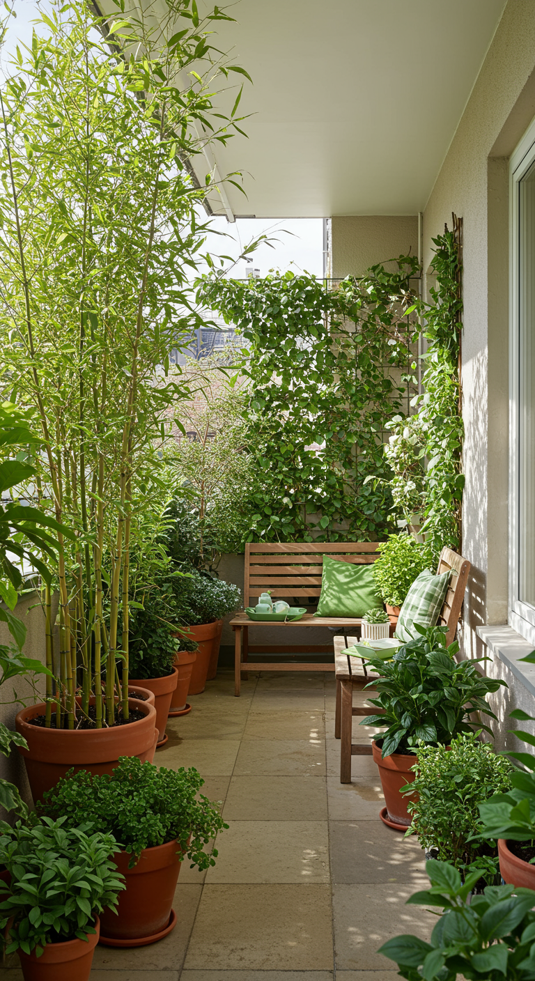 Schmaler Balkon mit Bambuspflanzen, Holzbank und einer begrünten Wand mit Kletterpflanzen.