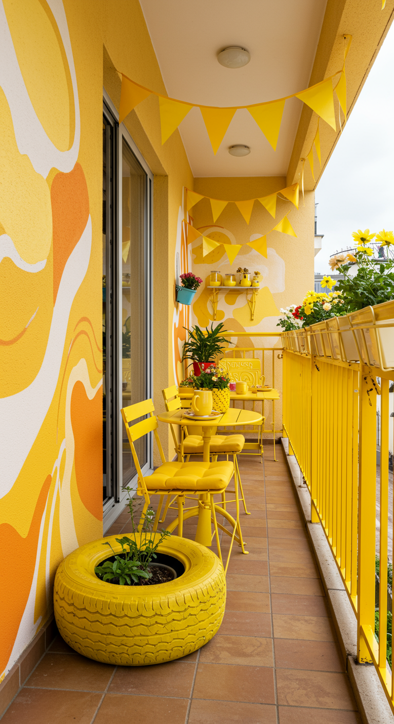 Schmaler Balkon mit gelben Möbeln, DIY-Pflanzgefäßen und gelber Wandkunst.