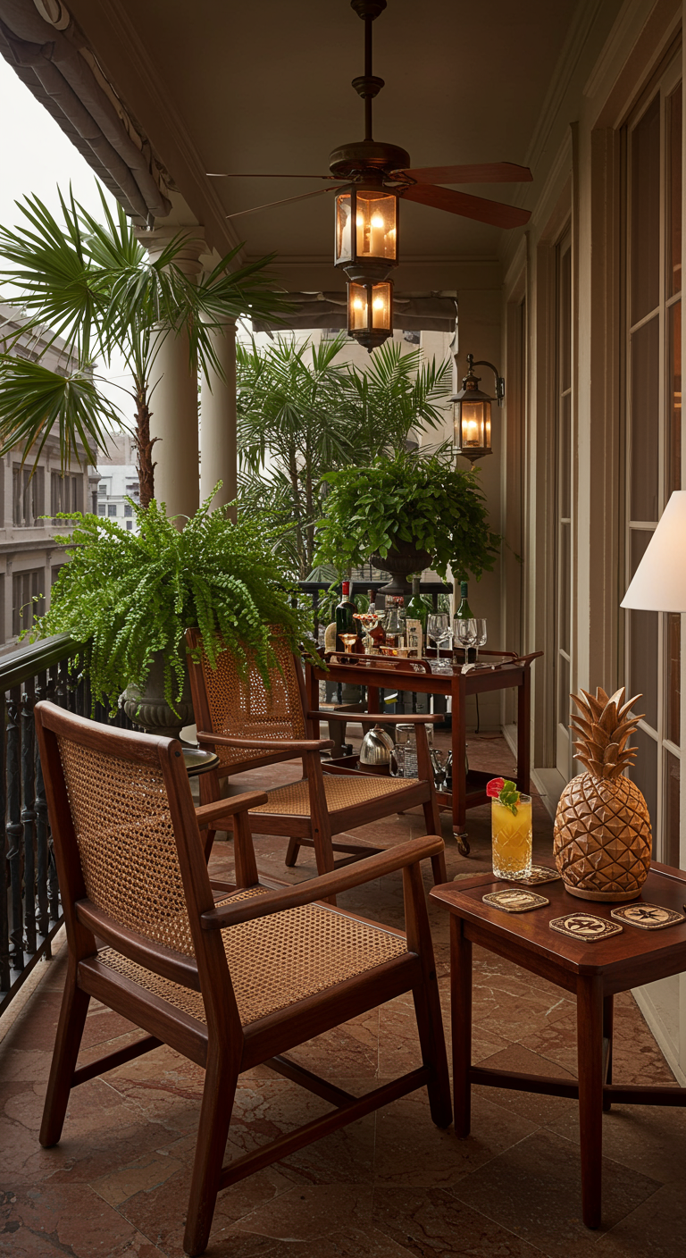 Eleganter Balkon im Kolonialstil mit dunklen Holzmöbeln, Palmen und Ananas-Deko.