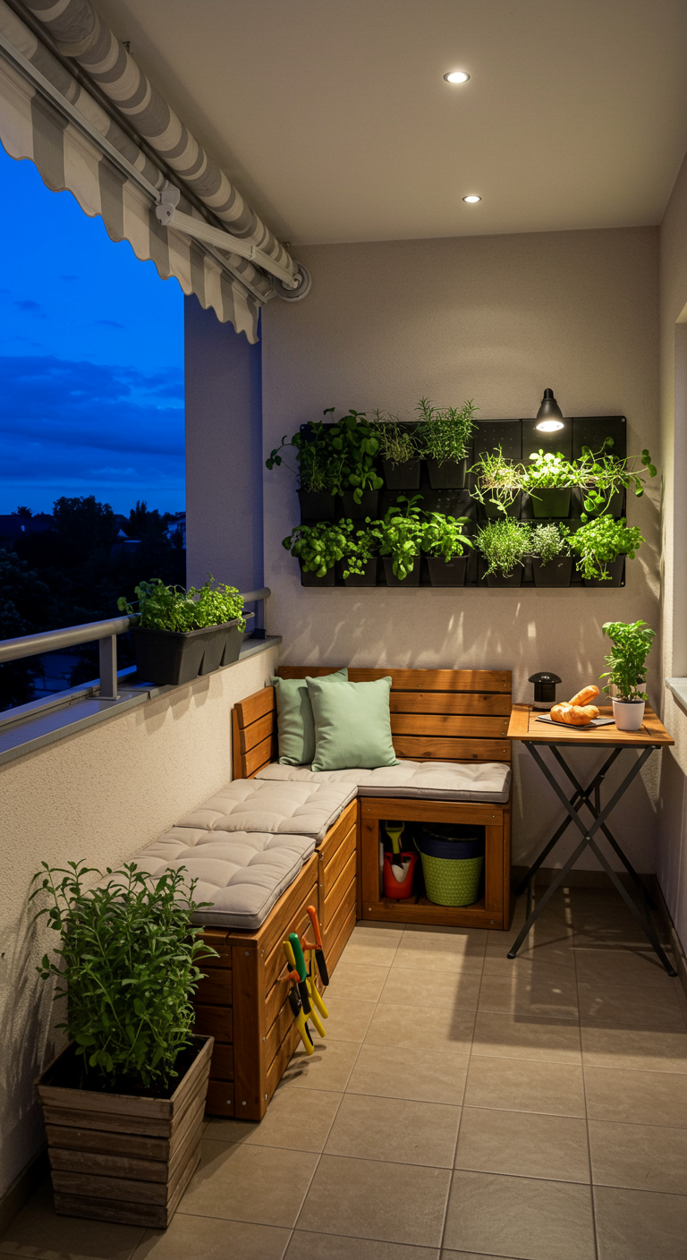 Eckbalkon bei Nacht mit vertikalem Kräutergarten und beleuchteter Holzbank.