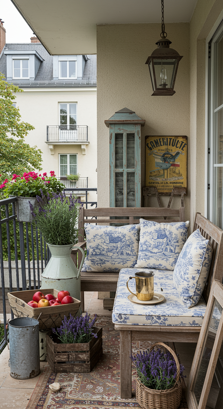 Balkon im Landhausstil mit Holzbank, Toile-de-Jouy-Kissen und Lavendel