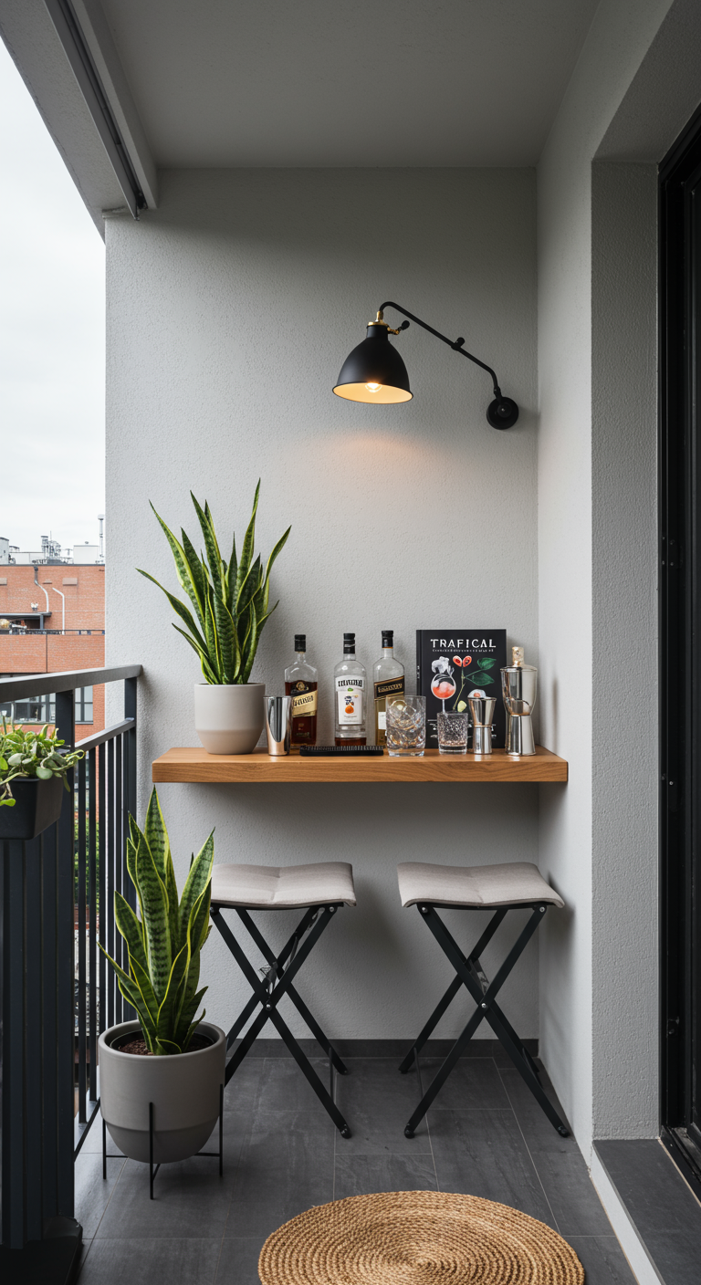 Schmaler Balkon mit minimalistischer Klapp-Bar aus Holz, zwei Hockern und Bogenhanf-Pflanzen.