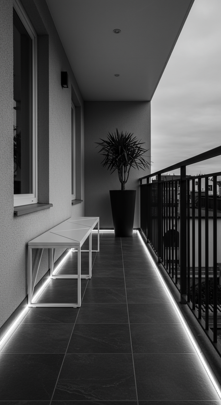 Sehr schmaler, langer Balkon in Schwarz-Weiß mit weißer Bank und LED-Beleuchtung.