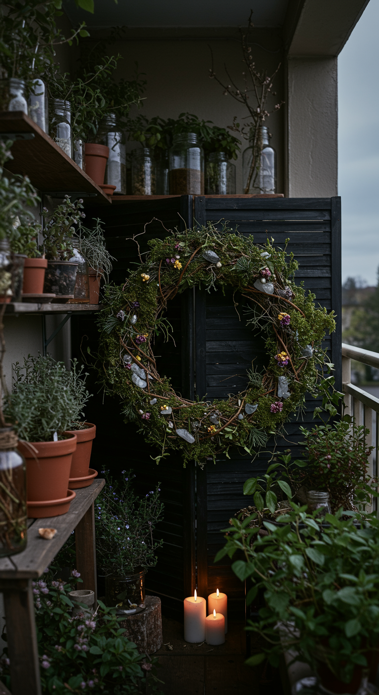 Düster-romantischer Balkon mit großem Kräuterkranz, Kerzen und vielen Pflanzen.