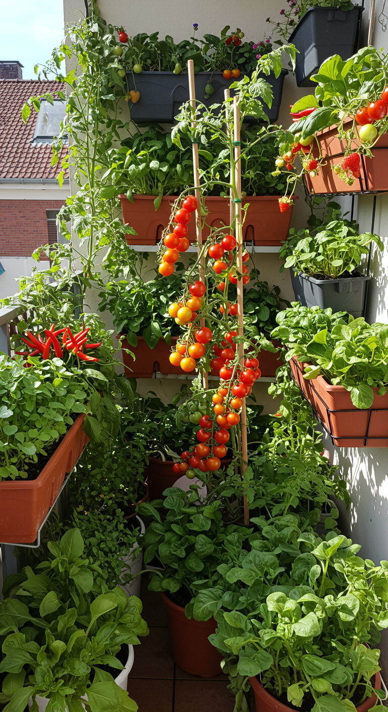Vertikaler Gemüsegarten auf dem Balkon mit Tomaten, Paprika und Kräutern in Pflanzkästen.