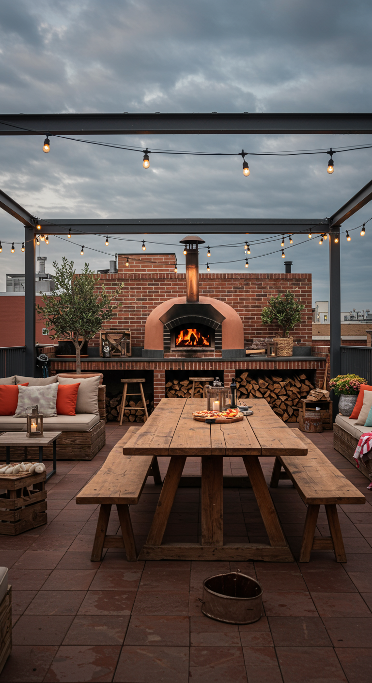 Dachterrasse mit großem Pizzaofen aus Backstein, Holztischen und Lichterketten.