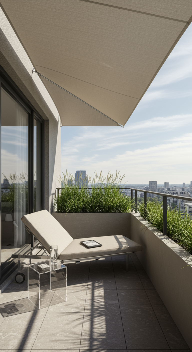 Moderner Dachbalkon mit Sonnenliege, Acrylglas-Tisch, Gräsern und Sonnensegel.