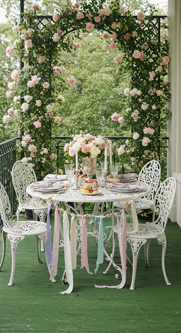 Elegant gedeckter Tisch auf Balkon mit weißem Metallmobiliar unter einem üppigen Rosenbogen.