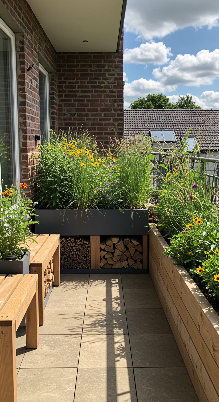 Balkon mit großen Pflanzkästen, Gräsern, gelben Blumen und Holzbänken mit Feuerholz.