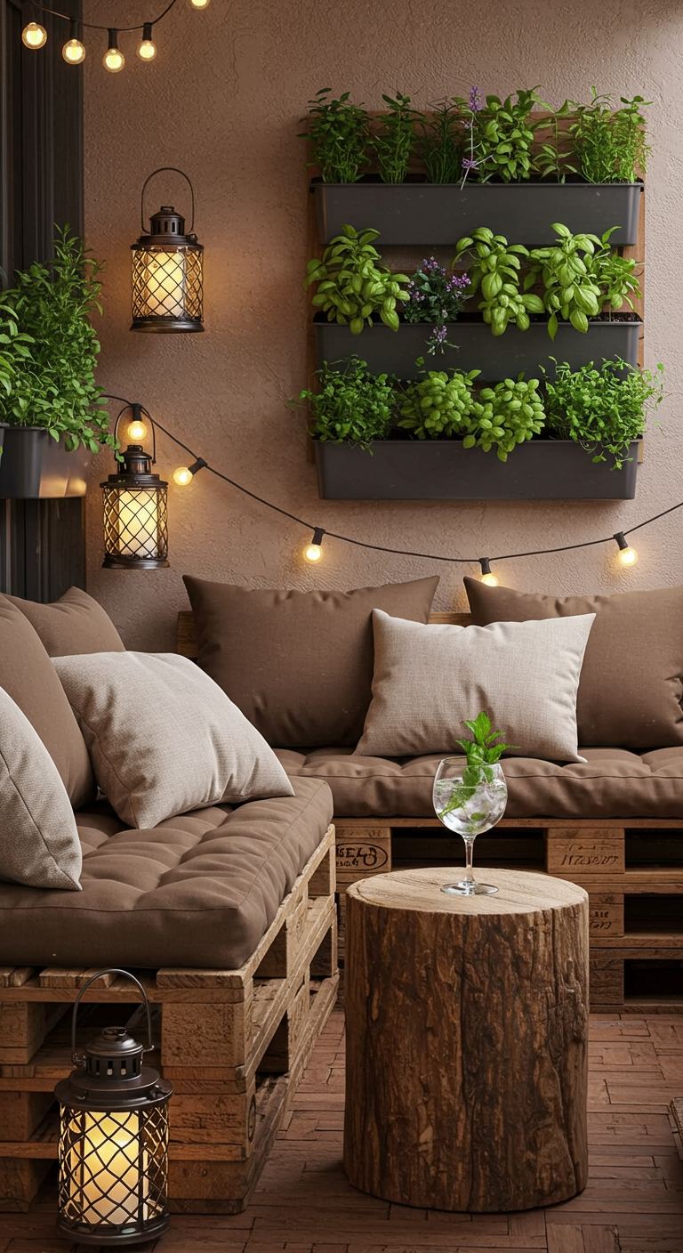 Rustikaler Balkon mit Palettensofa, Kräuterwand und Baumstumpftisch.