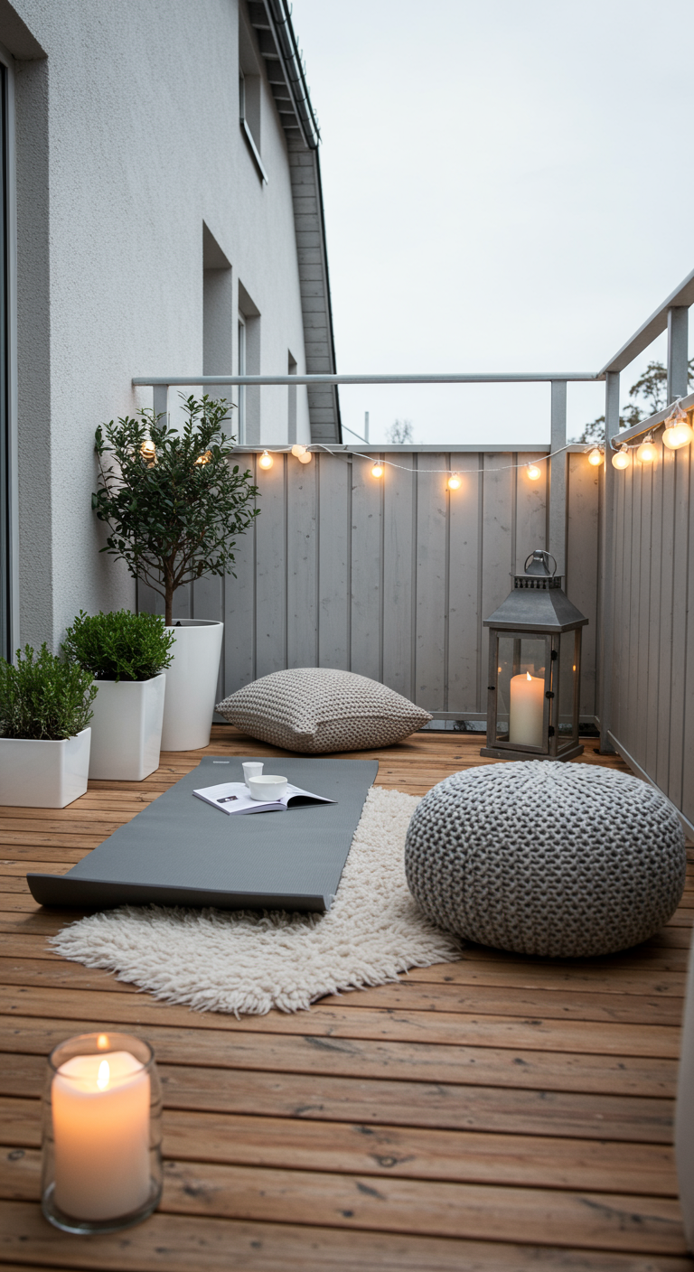Skandinavischer Balkon mit Holzboden, Strickpouf, Kerzen und Yogamatte.
