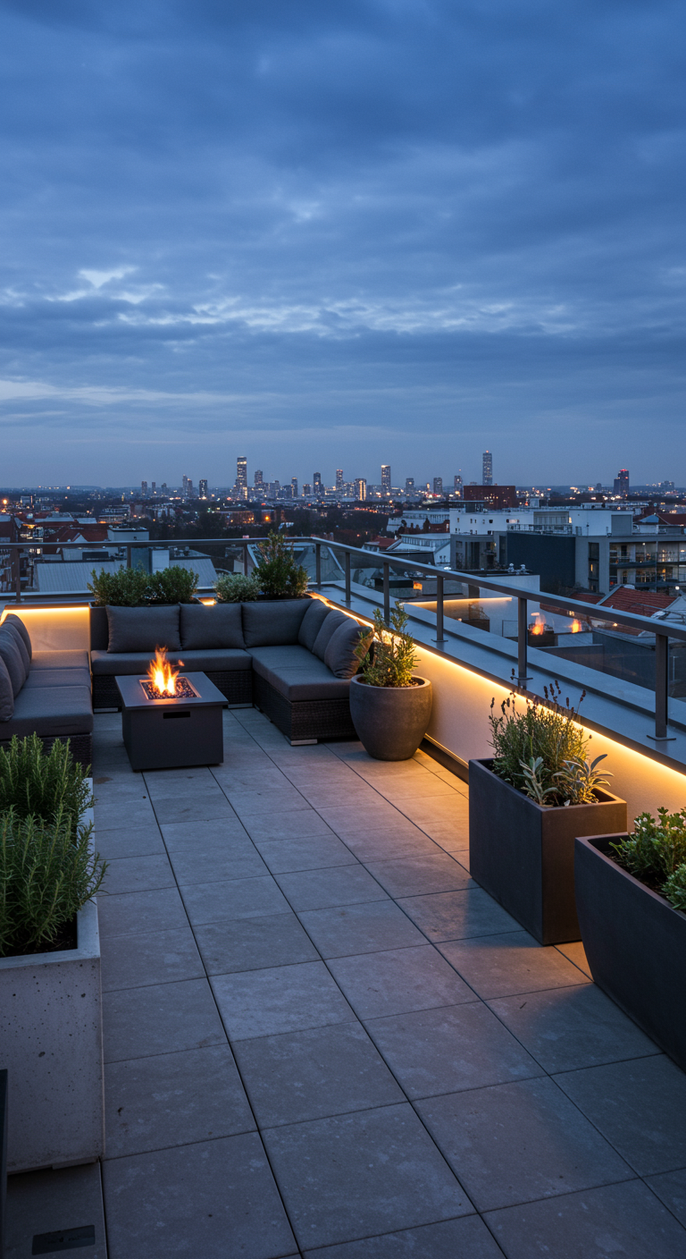 Dachterrasse mit Kräutern in modernen Kübeln, Lounge-Möbeln, Feuerschale und LED-Beleuchtung.
