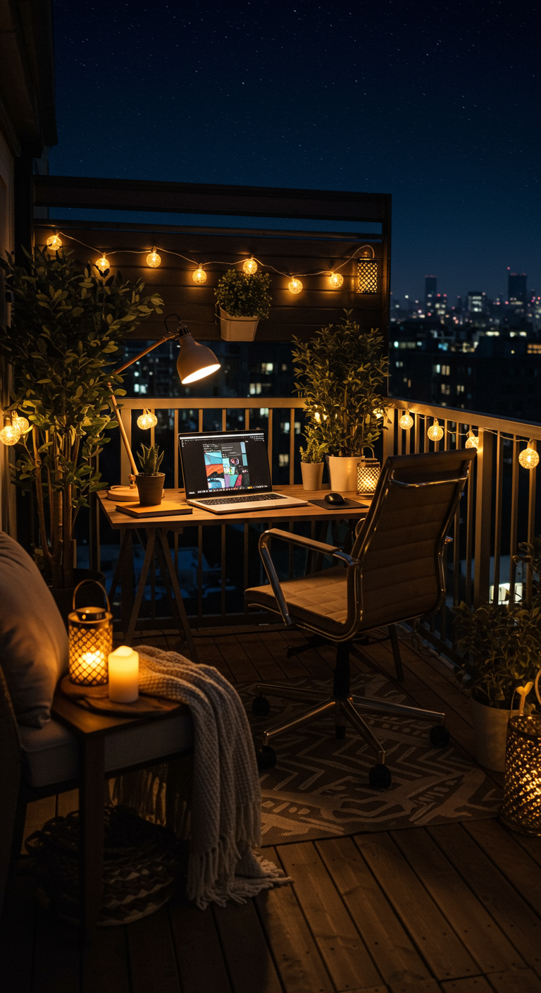 Balkon-Arbeitsplatz bei Nacht mit Lichterketten, Laptop und Blick auf die Stadtlichter.