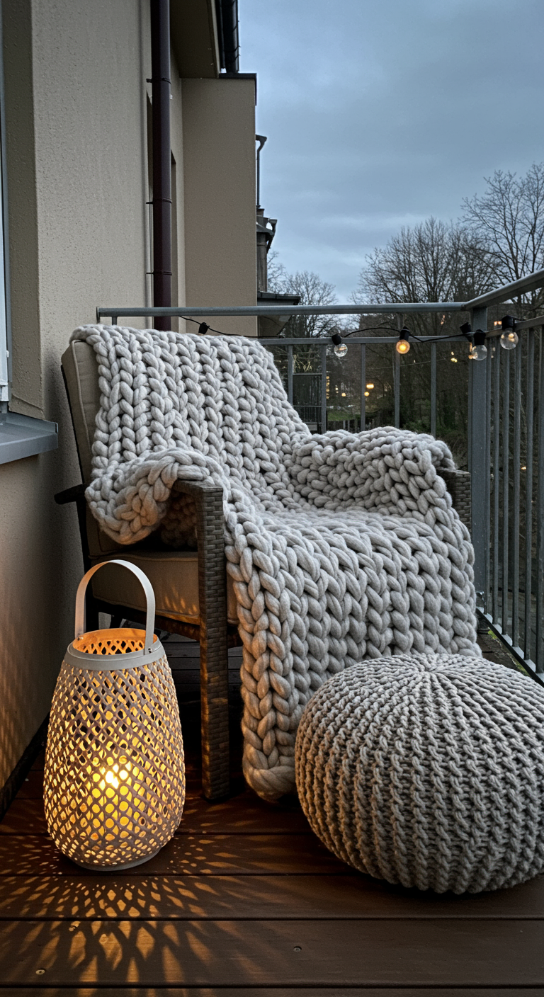 Balkon-Sessel mit riesiger Strickdecke, Strickpouf und Laterne auf Holzboden.