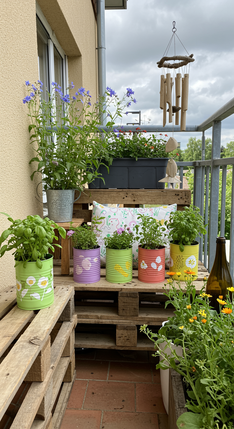 DIY-Balkon mit Palettenmöbeln und bemalten Dosen als Kräutertöpfe.