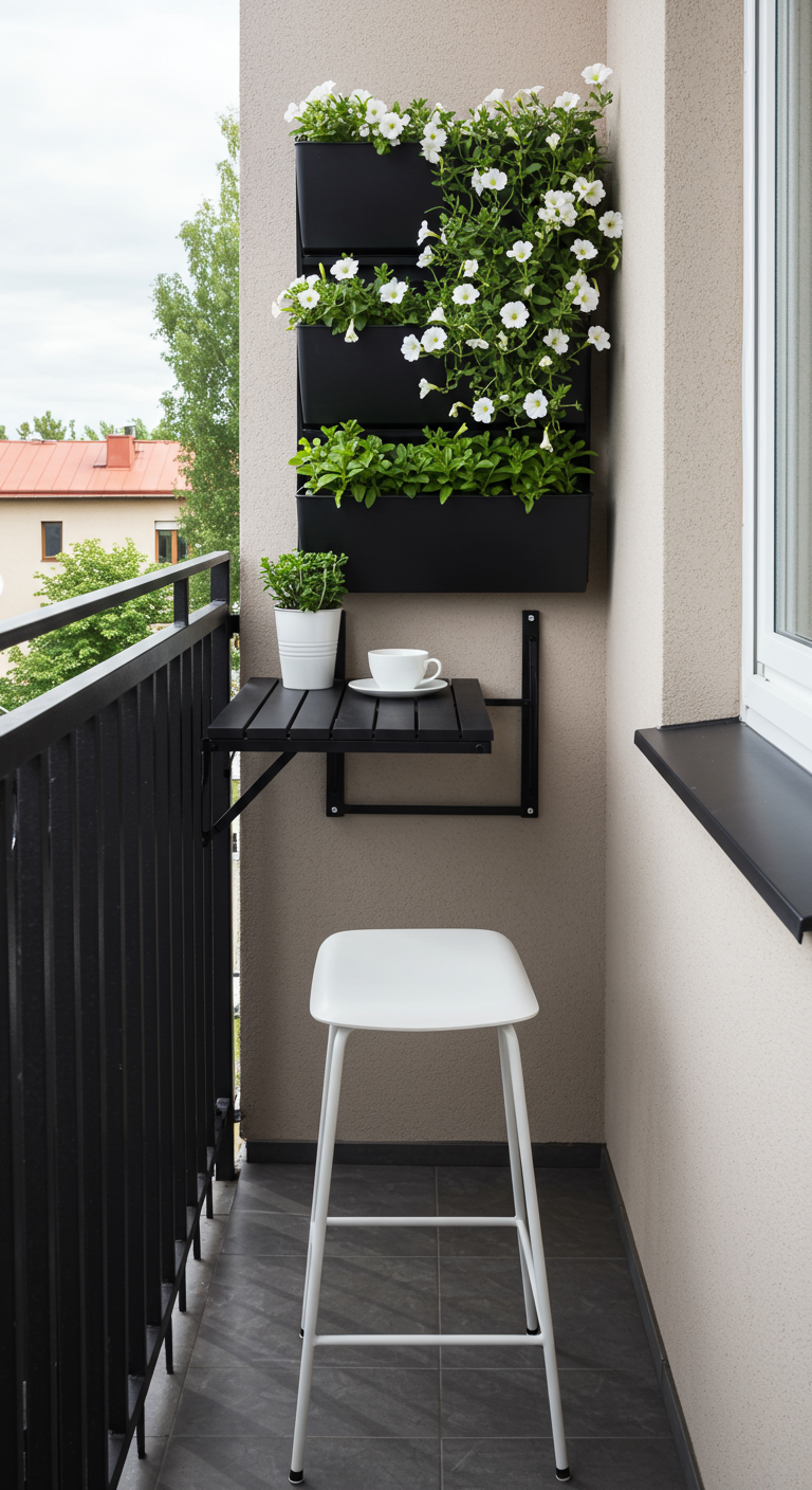 Sehr kleiner Balkon mit schwarzem vertikalem Pflanzsystem mit weißen Blumen, Klapptisch und weißem Hocker.