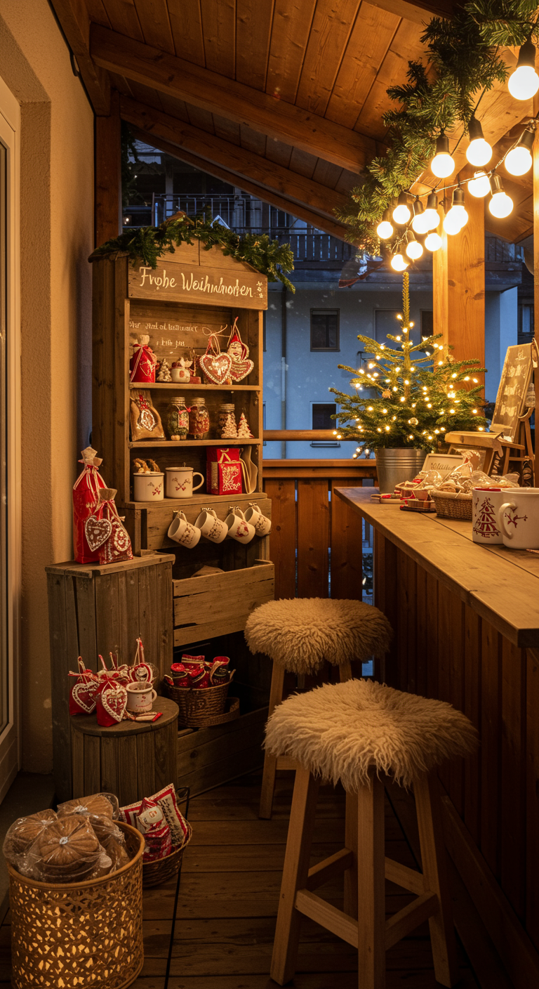 Balkon dekoriert wie ein kleiner Weihnachtsmarktstand mit Regal, Tassen und Lichtern.