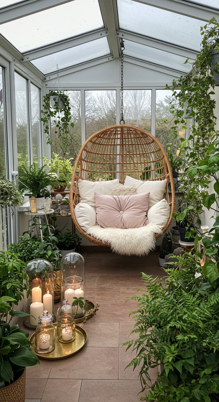 Heller Wintergarten mit Rattan-Hängesessel, vielen Pflanzen und Kerzen.